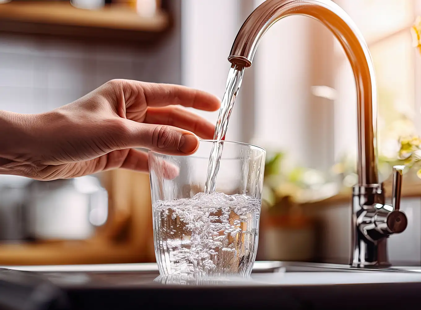 an ai generated image of someone using a working kitchen sink to fill up a glass of water