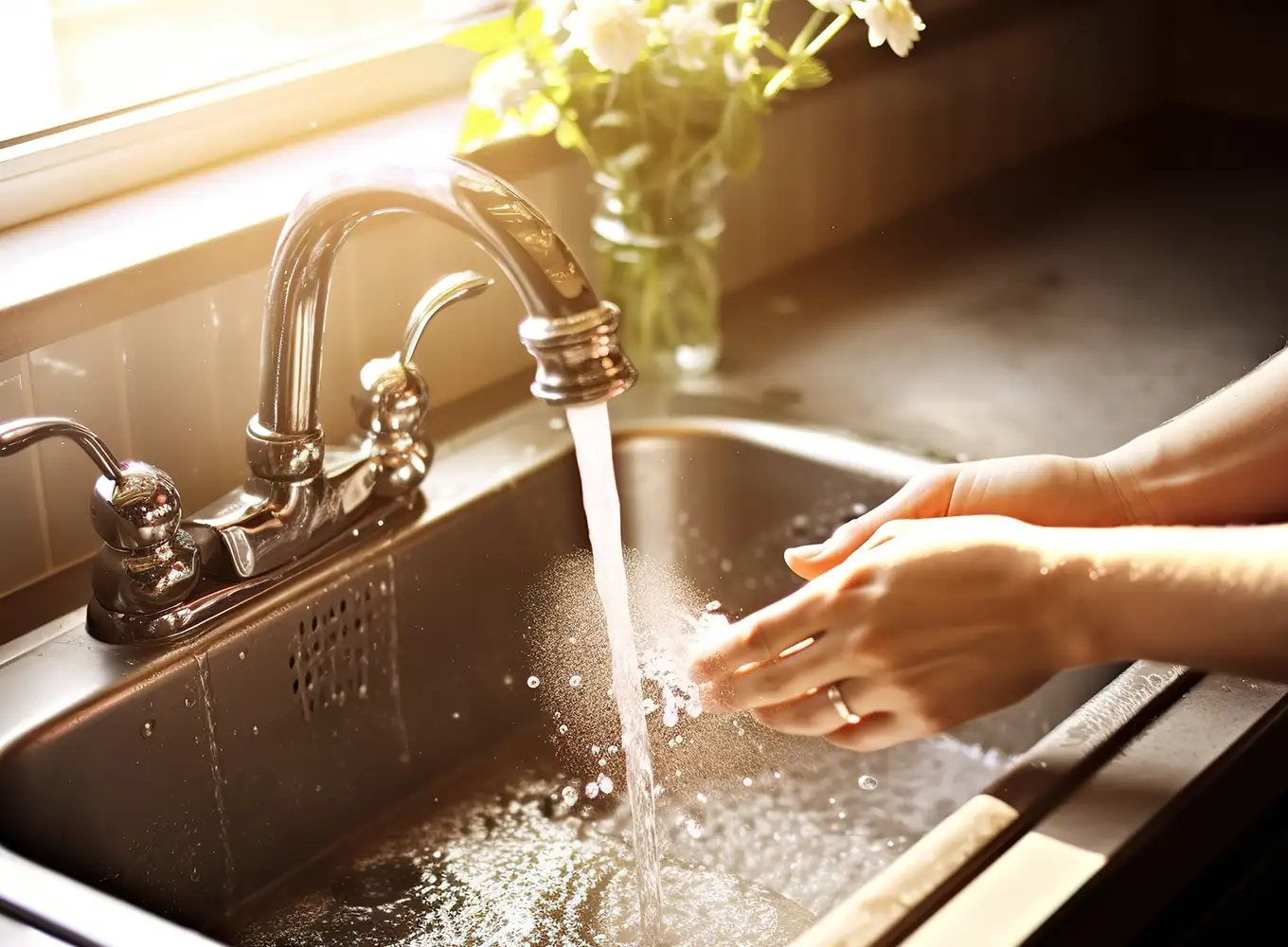 a generated ai image of someone washing their hands in a properly functioning kitchen sink