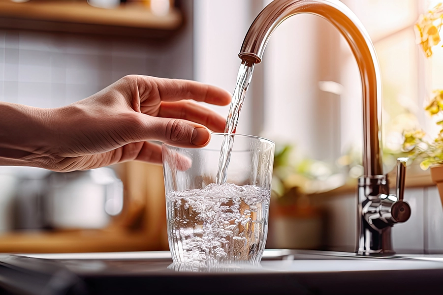 A silver faucet filling water into a small glass in O'Fallon, IL.