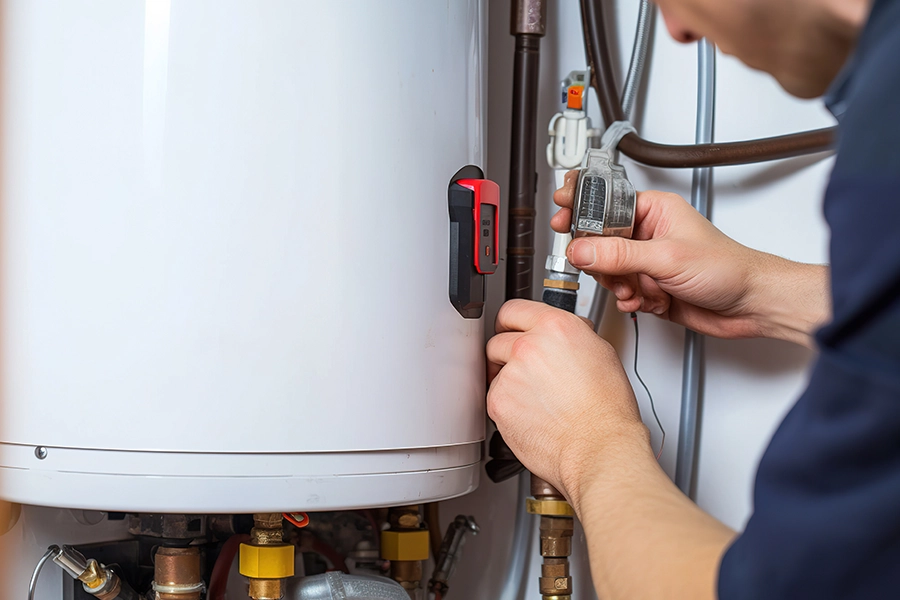 Technician providing maintenance to a water heater in the home of an O’Fallon, IL resident.