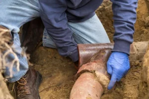 Plumber working on removing clog from a sewer line in the Metro East