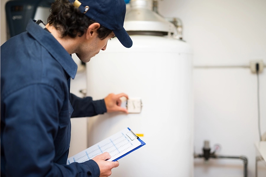 Technician with a clipboard inspecting a water heater in the home of an O’Fallon, IL resident to check on its energy efficiency.