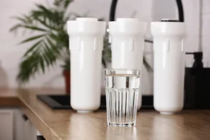 Glass of filtered water next to water filtration system cartridges on a countertop in the kitchen of an O’Fallon, IL home.