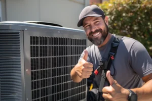 A male HVAC technician giving a thumbs up as he finishes maintenance work on an outdoor unit outside a home in Troy, IL.