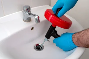 Plumber using advanced drain snake tool to clear clog out of drain in a bathroom in Granite City, IL.