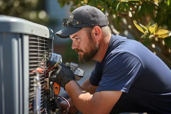 A male technician working on an outdoor HVAC unit on a sunny spring day in Collinsville, IL.