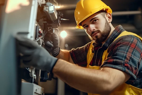 A professional male technician servicing a home furnace in Troy, IL.