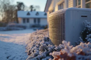 A snow-covered heat pump outside a suburban home in Collinsville, IL, during winter, that is emitting strange hvac noises.