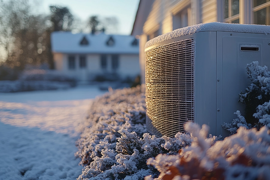 A snow-covered heat pump outside a suburban home in Collinsville, IL, during winter, that is emitting strange hvac noises.