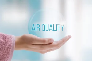 A woman’s hand holding the text “Air Quality,” indicating improved air quality in her Collinsville, IL home thanks to her whole-home humidification system.