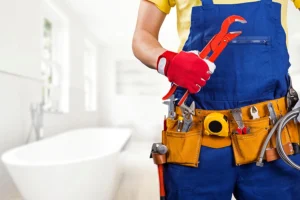 POLAR - A professional plumber with a toolbelt standing in the bathroom of a home in Collinsville, IL.