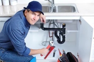 POLAR - A professional plumber with tools looking under the sink at a home in Collinsville, IL.