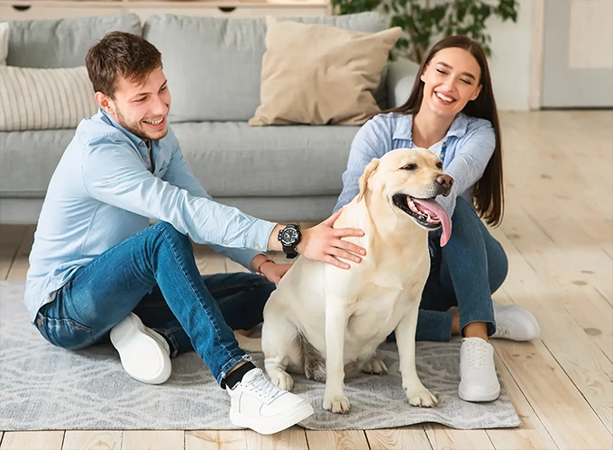 young couple petting their dog on the floor of their comfy living space Collinsville illinois