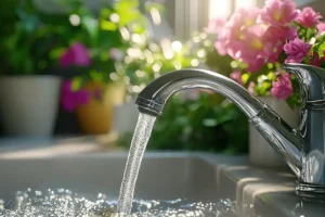 A working faucet filling a sink, surrounded by beautiful pink flowers - indicating spring plumbing season for Polar has arrived in Belleville IL.