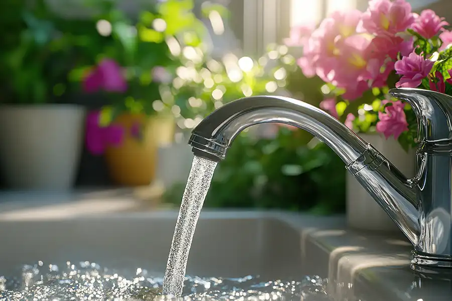 A working faucet filling a sink, surrounded by beautiful pink flowers - indicating spring plumbing season for Polar has arrived in Belleville IL.