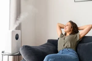 Polar—A young woman relaxes in a cozy home environment with air humidifier, in Collinsville, IL.