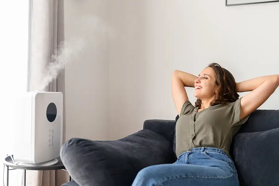 Polar—A young woman relaxes in a cozy home environment with air humidifier, in Collinsville, IL.