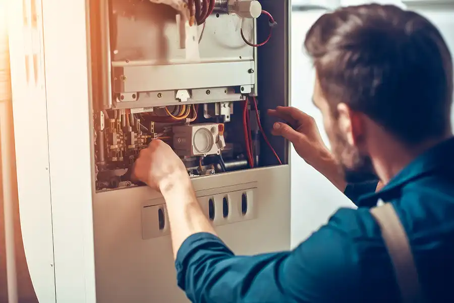 Polar—A male repairman providing a tune-up for a furnace in a home in Collinsville, IL.