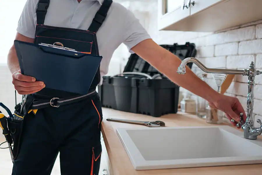 Polar—A plumber installs a new fixture to the kitchen sink in a home in Belleville, IL.
