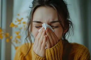 Polar—A young woman sneezing and experiencing fall allergens in her home in O’Fallon, IL.