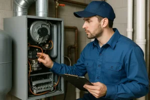 Polar—An HVAC technician in a blue uniform inspects and adjusts a home heating system in Belleville, IL.