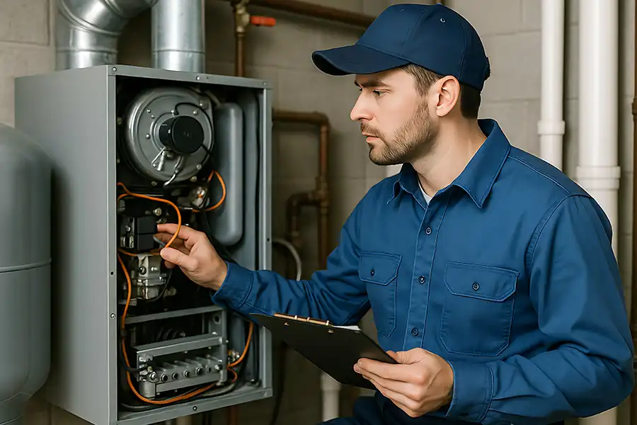 Polar—An HVAC technician in a blue uniform inspects and adjusts a home heating system in Belleville, IL.