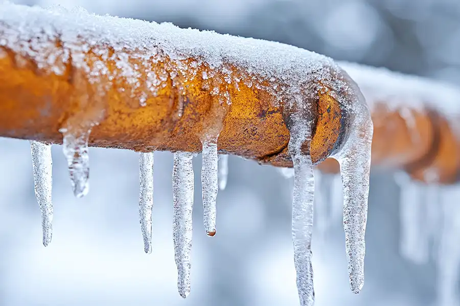 Polar—Modern pipes covered in ice and rust symbolizing winter plumbing risks in Belleville, IL.