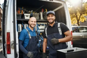 Polar—Two male plumbers/technicians standing by their van outside a home in Collinsville, IL.