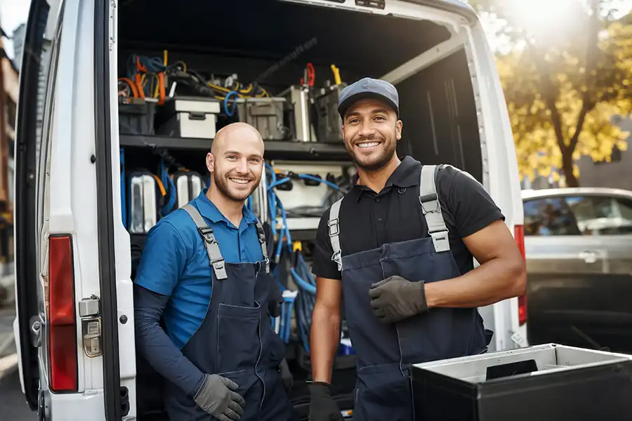 Polar—Two male plumbers/technicians standing by their van outside a home in Collinsville, IL.