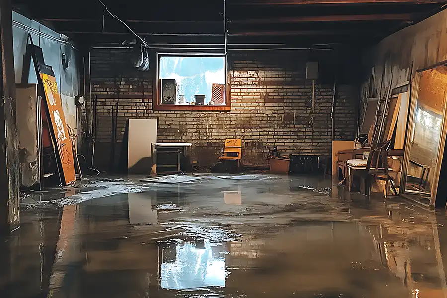 Polar—A flooded basement with standing water and damaged interior in a home in Collinsville, IL. This home needed sump pump prep to prevent flooding.