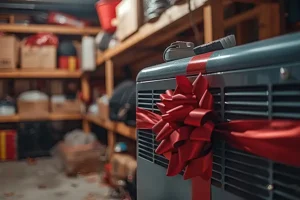 Polar—A new HVAC furnace with a red bow on it in a basement in Belleville, IL.