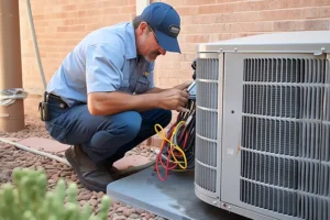 Polar – Technician holding tools and installing a new air conditioner on the property of an O’Fallon, IL resident.