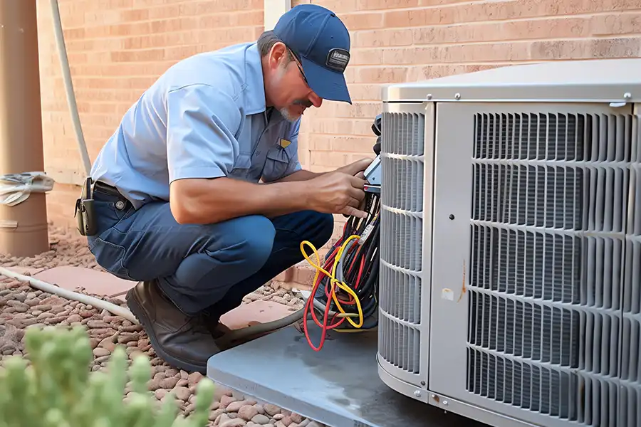 Polar – Technician holding tools and installing a new air conditioner on the property of an O’Fallon, IL resident.