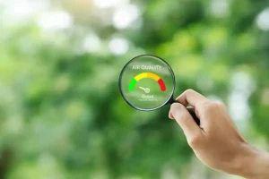 Polar—A hand holding a magnifying glass to check the good air quality in a home in Belleville, IL.