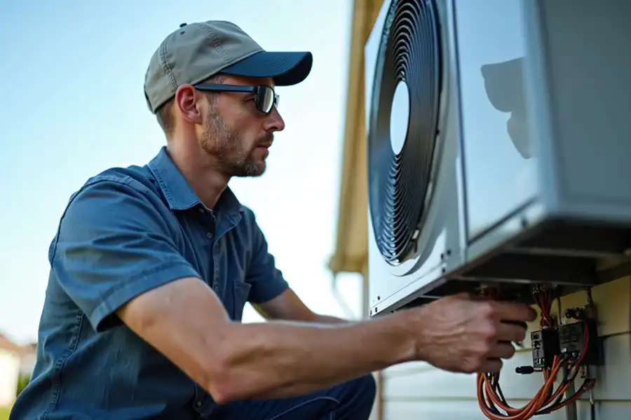 Polar—A technician installs an air source heat pump unit in a home in O’Fallon, IL.