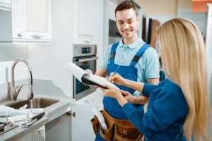 Polar—A male plumber and female customer in the kitchen of a home in Belleville, IL.