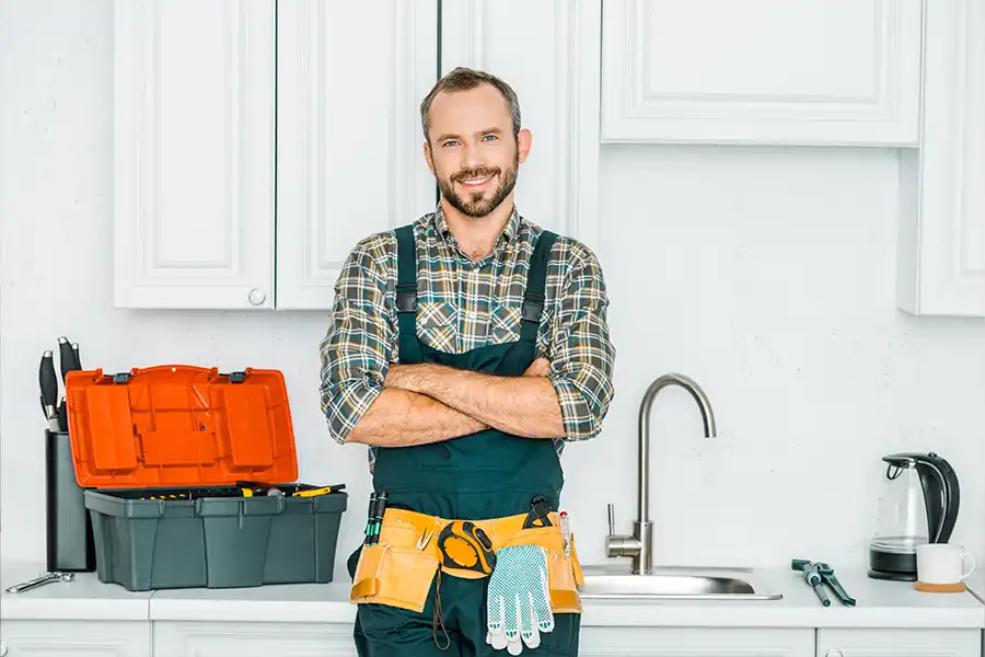 Polar—A plumber with his toolbox standing by a kitchen sink in a home in Collinsville, IL.