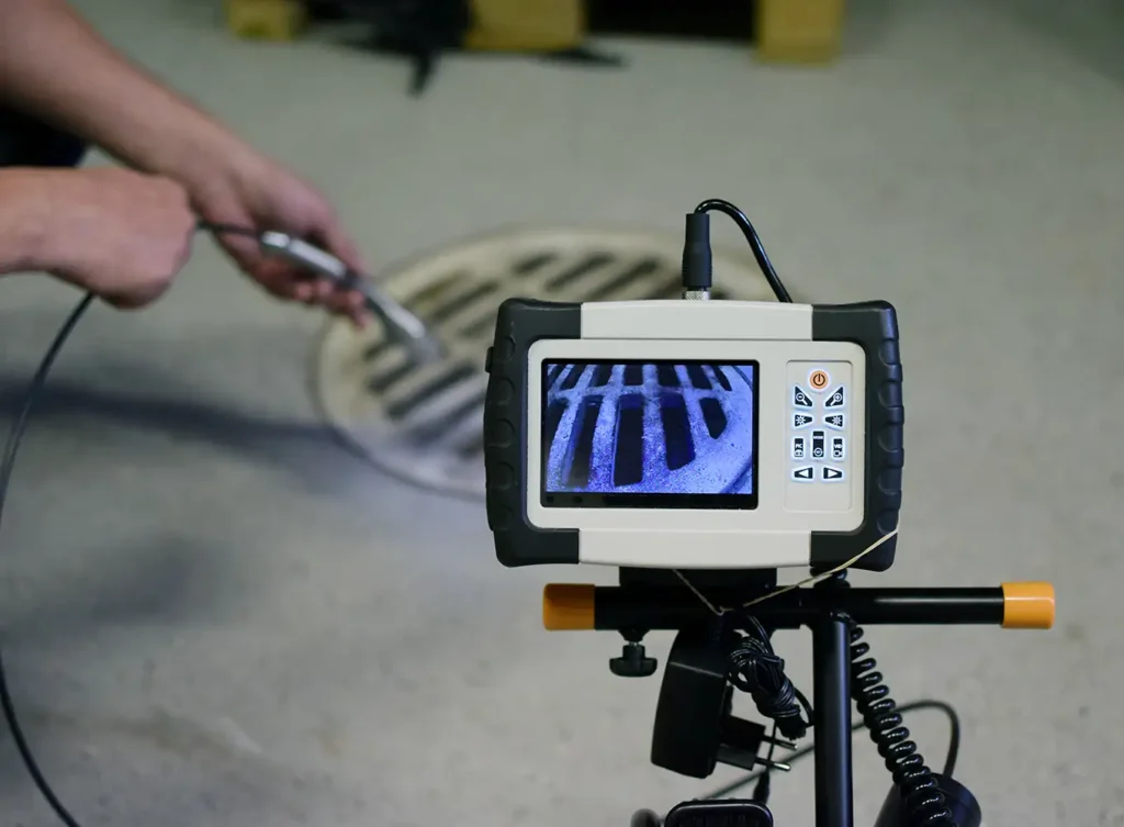 a plumber using a camera to inspect a glen carbon il residential drain.