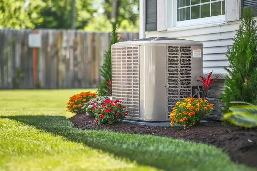 Polar—An air conditioner resting in a flowerbed outside a home in Collinsville, IL during the summer season.