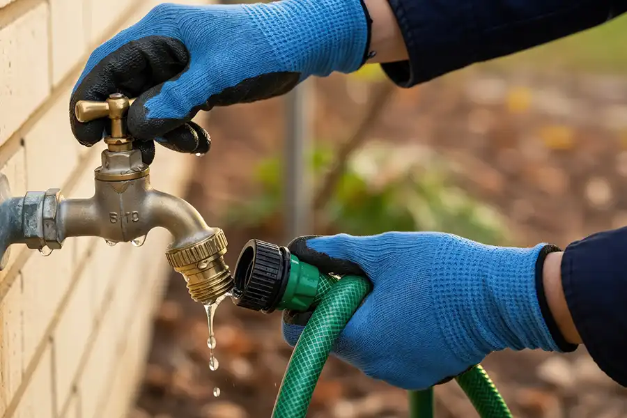 Polar—A worker in blue work gloves testing an outdoor faucet at the Glen Carbon, IL home of a customer during the summer season.