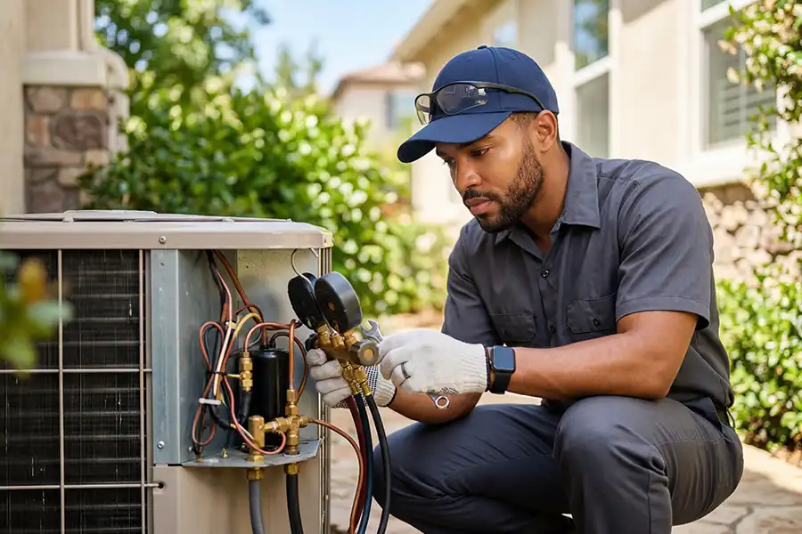Polar—A male HVAC technician examines an air conditioning unit with gauges outside a home in Glen Carbon, IL.