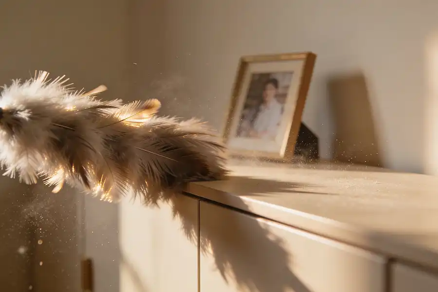 Polar—A fluffy feather duster removing dust from furniture inside a home in Troy, IL.