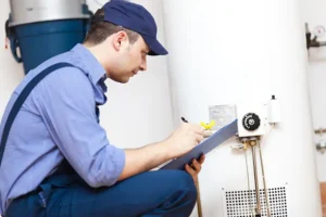 Polar—A professional technician examines a water heater in a home in Collinsville, IL.