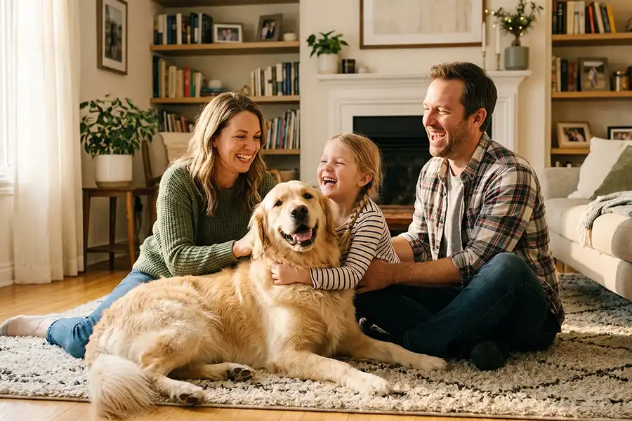 Polar—A happy family sitting in the living room with their dog in Belleville, IL.