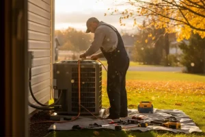 Polar—A professional technician performing maintenance on an outdoor HVAC unit in Glen Carbon, IL.