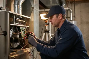 Polar—A professional HVAC technician inspects a residential furnace in a home in O’Fallon, IL.
